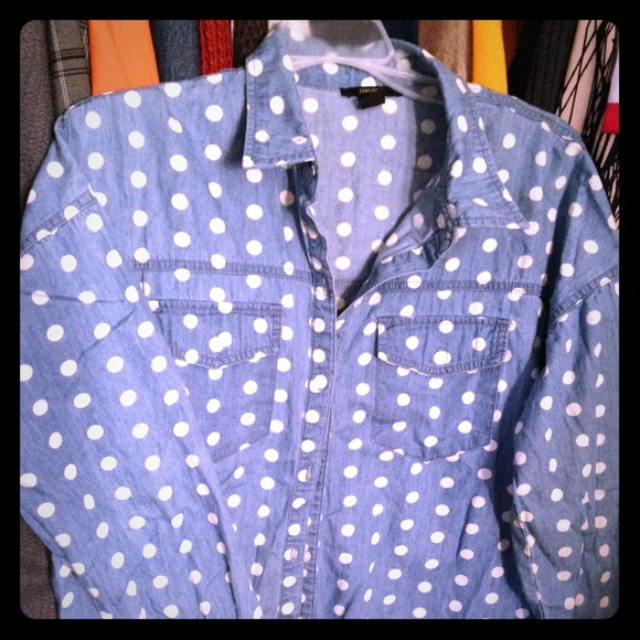 Forever 21 denim button down with white polka dots