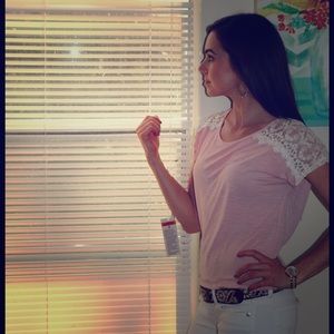 Pink Loose Fitted Tee with White Lace Shoulders