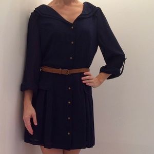 Navy, belted shirt dress