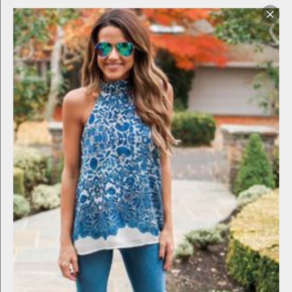 Tops - Blue and cream floral tank top