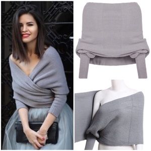 Grey off the shoulder crop knit sweater