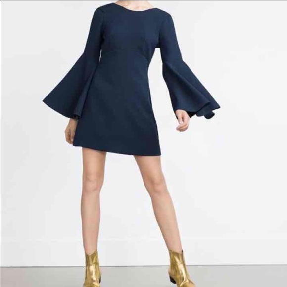 Navy Bell-Sleeve Dress