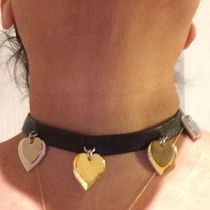 Black leather choker with metal hearts