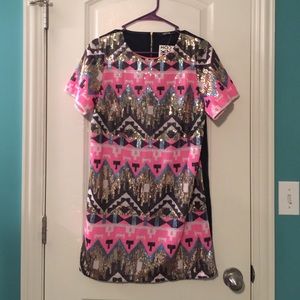 Aztec Sequin Shift Dress Faux Leather Back Size M