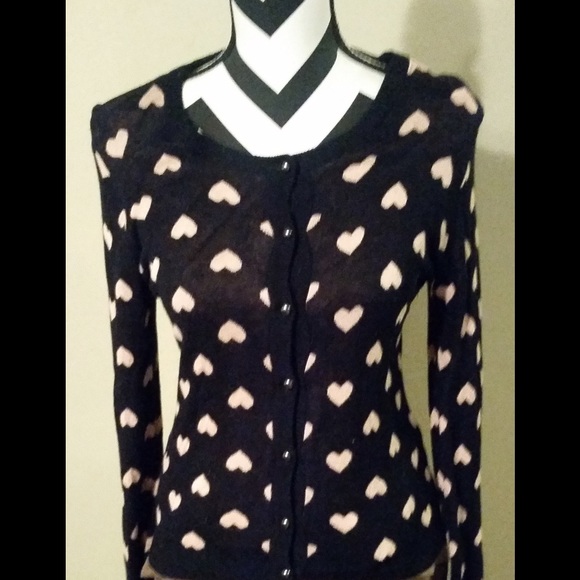 Black cardigan sweater with blush pink hearts