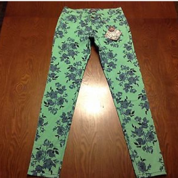 Mint and blue floral print skinny jeans