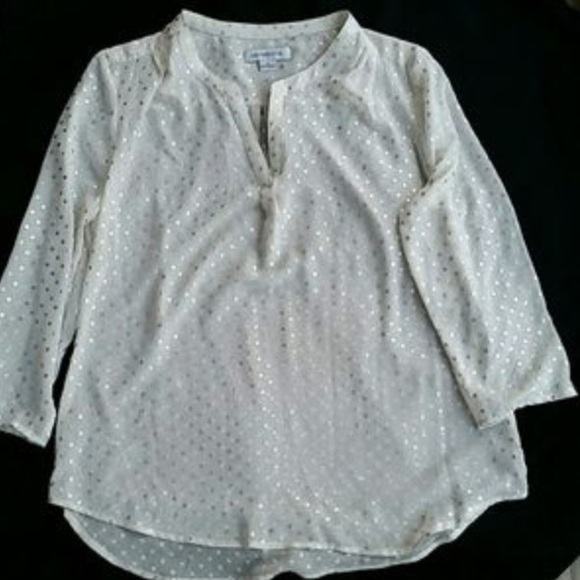 White and silver metallic polka dot shirt