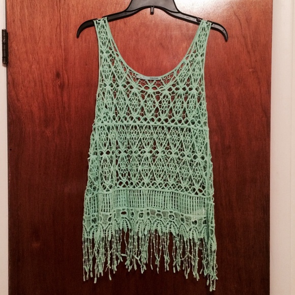 Light teal crochet tank w/ fringe