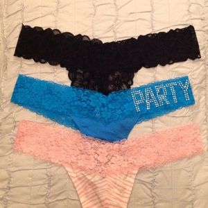 VS PINK Extra low Rise Lace Thong 3 Pc Lot Size L