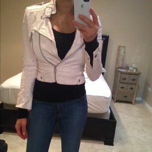 Pastel pink faux leather crop jacket