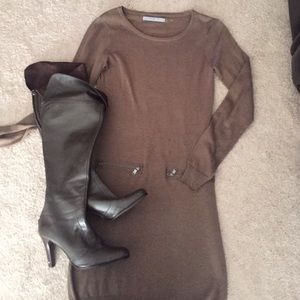 Andrew marc fitted tan sweater dress