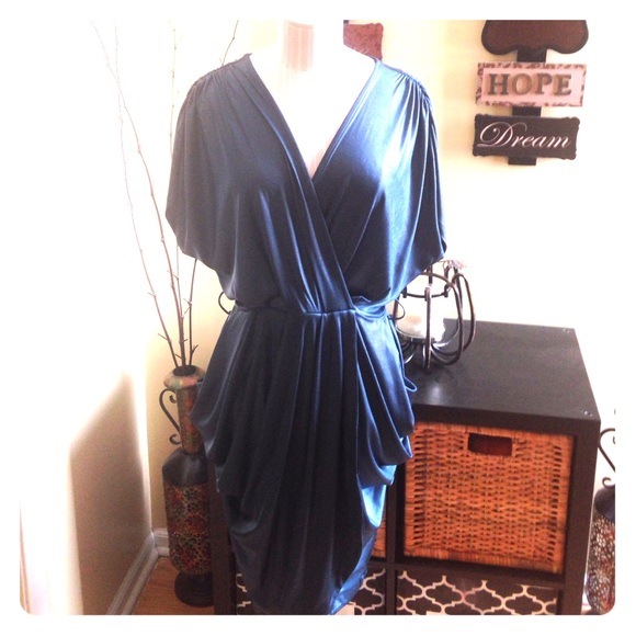 Metallic plus size dark teal draped dress.
