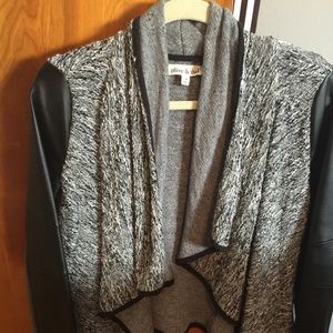 Faux leather sleeve drapy cardigan