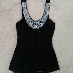 Black Lace and White Beaded Peplum Top