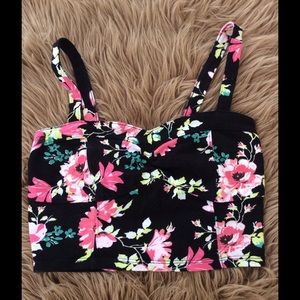 Crop Top Tank Black Floral w/ Sweetheart Neckline