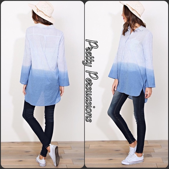 NWT Blue Ombré Dip Dyed Shirtdress Tunic - Picture 6 of 8