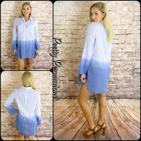 NWT Blue Ombré Dip Dyed Shirtdress Tunic - Picture 2 of 8