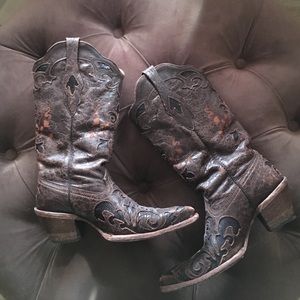 Corral Brown Leather Black Lizard Inlay Boots
