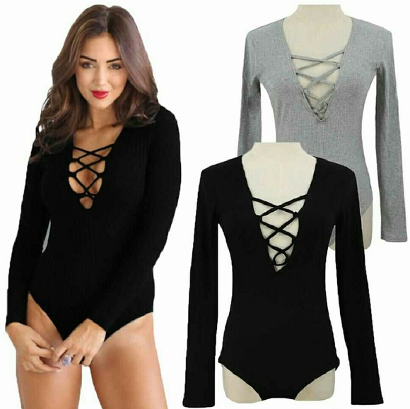Grey Long Sleeve Ribbed Deep V Crisscross Bodysuit - Picture 2 of 4