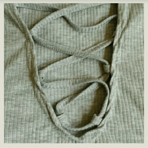 Grey Long Sleeve Ribbed Deep V Crisscross Bodysuit - Picture 3 of 4
