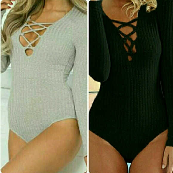 Grey Long Sleeve Ribbed Deep V Crisscross Bodysuit - Picture 4 of 4