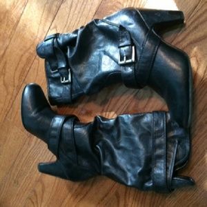 High heel black leather boots