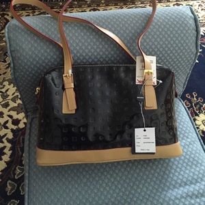 Black patent leather and natural leather bag