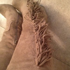 Beige Fringe Wedge Boots Till The Knee