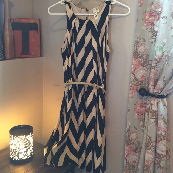 Pink owl, black and cream chevron dress with belt