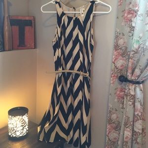 Pink owl, black and cream chevron dress with belt