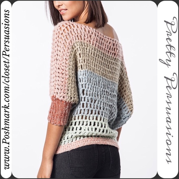 SOLD Rainbow Crochet Open Stitch Slouchy Sweater - Picture 3 of 4