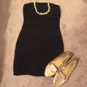 Size large black strapless dress with lace detail