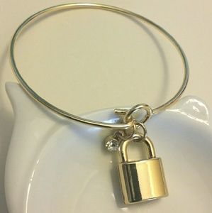Gold Bangle with Lock Charm & Crystal Glass Gem