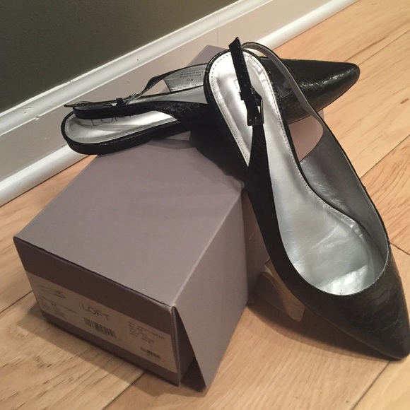 Flat black alligator print sling backs