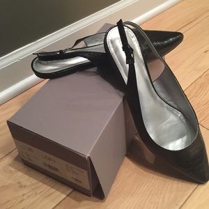 Flat black alligator print sling backs