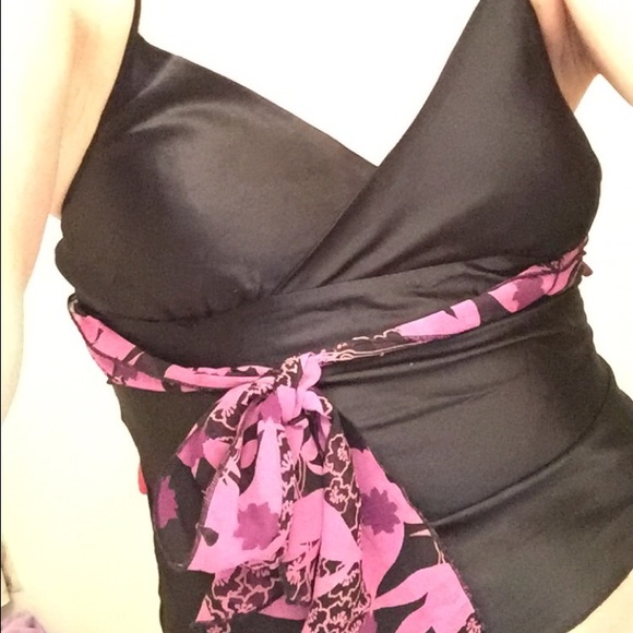 Black Satin Bebe Tank Top with Pink Bow - Picture 2 of 4