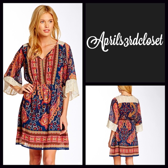 Boutique Dresses & Skirts - Boho Dress Crochet Bell Sleeves