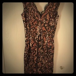 Tadashi Shoji bronze lace sheath dress.