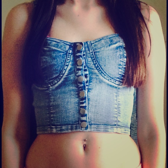 Blue jean crop top.