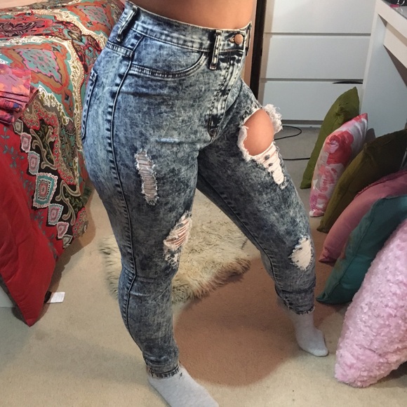 High-Waisted Acid Wash Ripped Skinny Jeans