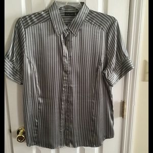 Button up gray and white striped shirt
