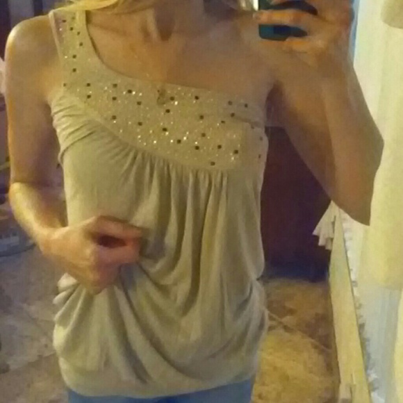 Beige Sequined One Shoulder Sleeveless Top