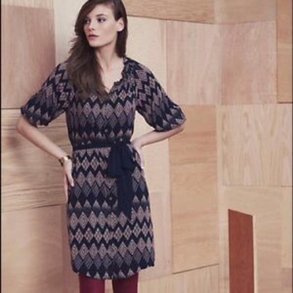 Anthropologie Navy and Beige Patterned Dress