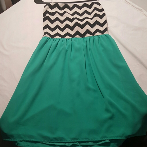 Strapless chevron/turquoise dress