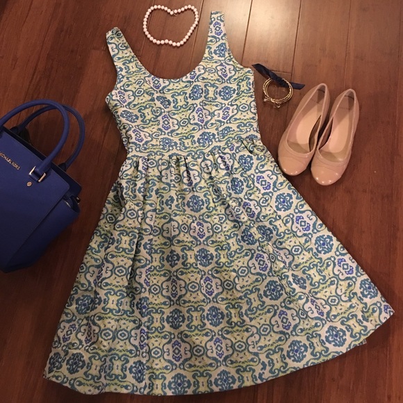 Blue & green damask derby chic boutique dress sz S