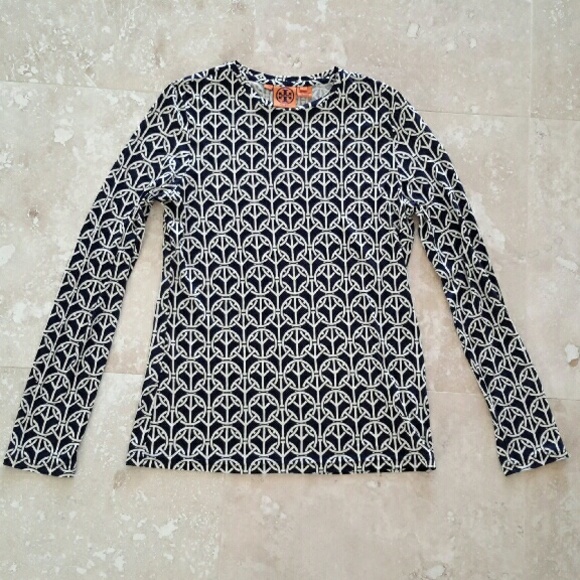 Tory Burch Silk Long Sleeve Blue White Logo M