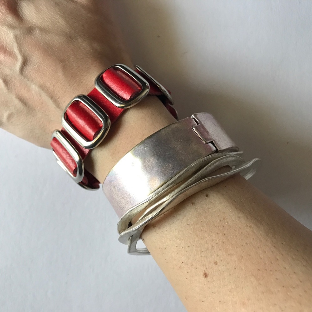 BUNDLE of Bracelets /// Red, Silver+Brushed Metal