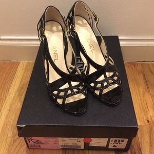 Patent leather Chanel cage heels 36