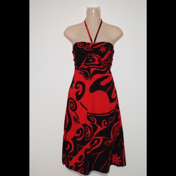 Black & Red Wahine Toa Strapless / Halter Dress