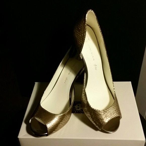 Anne Klein i flex Open Toe Sz 10M Gold Snake Skin - Picture 1 of 4